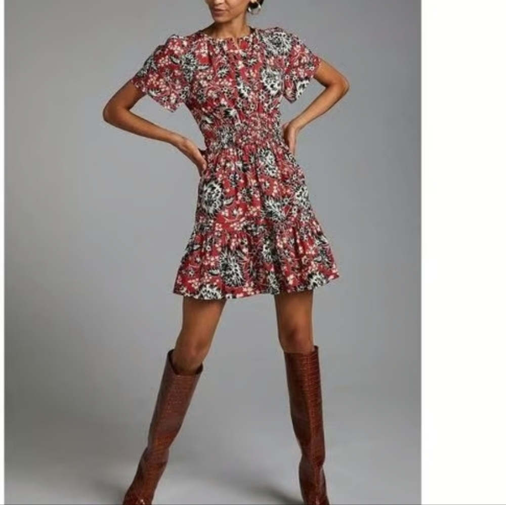 Anthropologie Scarlet and White Floral Mini Dress